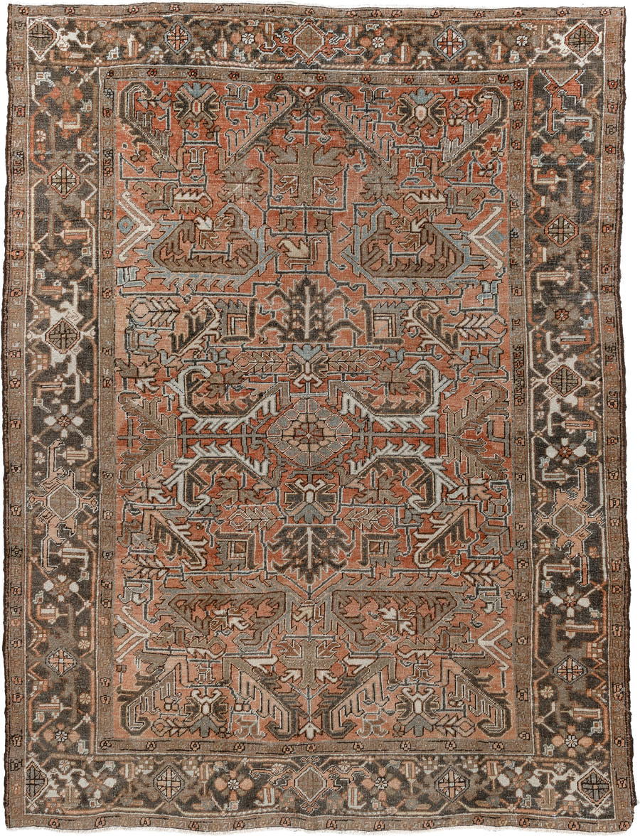 6' x 8' one-of-a-kind handmade antique Heriz medium size rug. Color palette: terracotta, charcoal, ivory, taupe, sage, slate