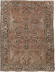6' x 8' one-of-a-kind handmade antique Heriz medium size rug. Color palette: terracotta, charcoal, ivory, taupe, sage, slate