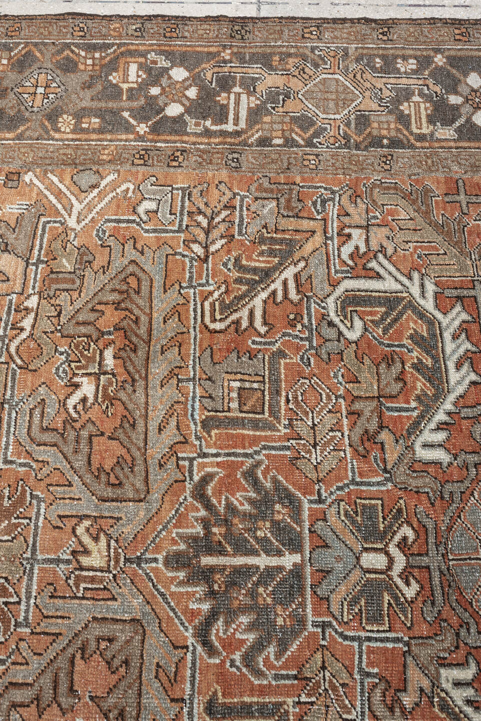 6' x 8' one-of-a-kind handmade antique Heriz medium size rug. Color palette: terracotta, charcoal, ivory, taupe, sage, slate