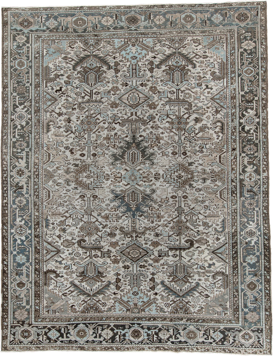 8' x 10' one-of-a-kind handmade antique Heriz large size rug. Color palette: ivory, slate blue, charcoal, taupe, blue gray