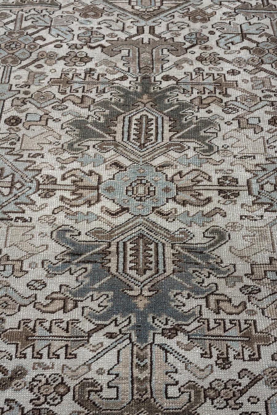 8' x 10' one-of-a-kind handmade antique Heriz large size rug. Color palette: ivory, slate blue, charcoal, taupe, blue gray