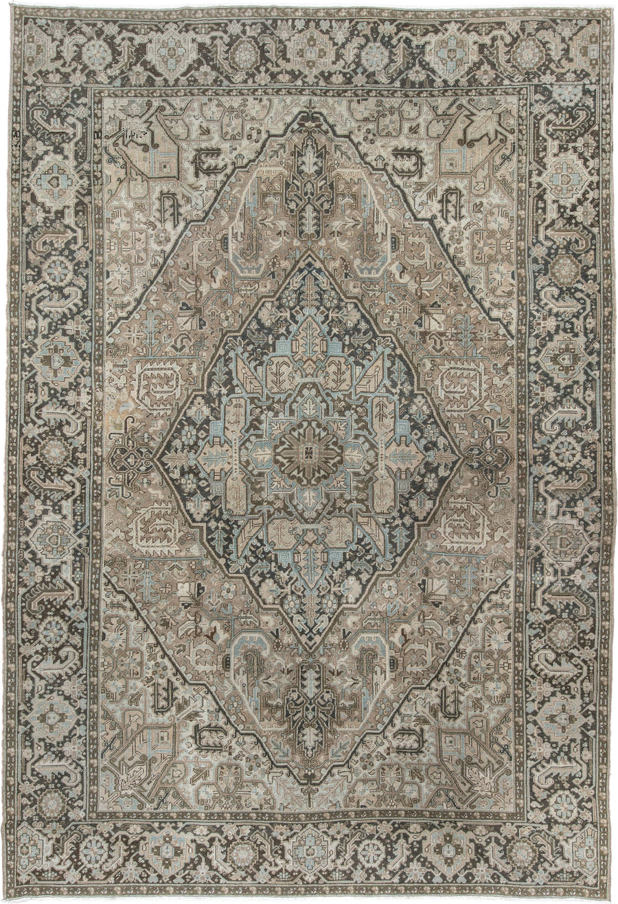 8' x 11' one-of-a-kind handmade antique Heriz large size rug. Color palette: taupe, ivory, charcoal, pale blue, camel, slate
