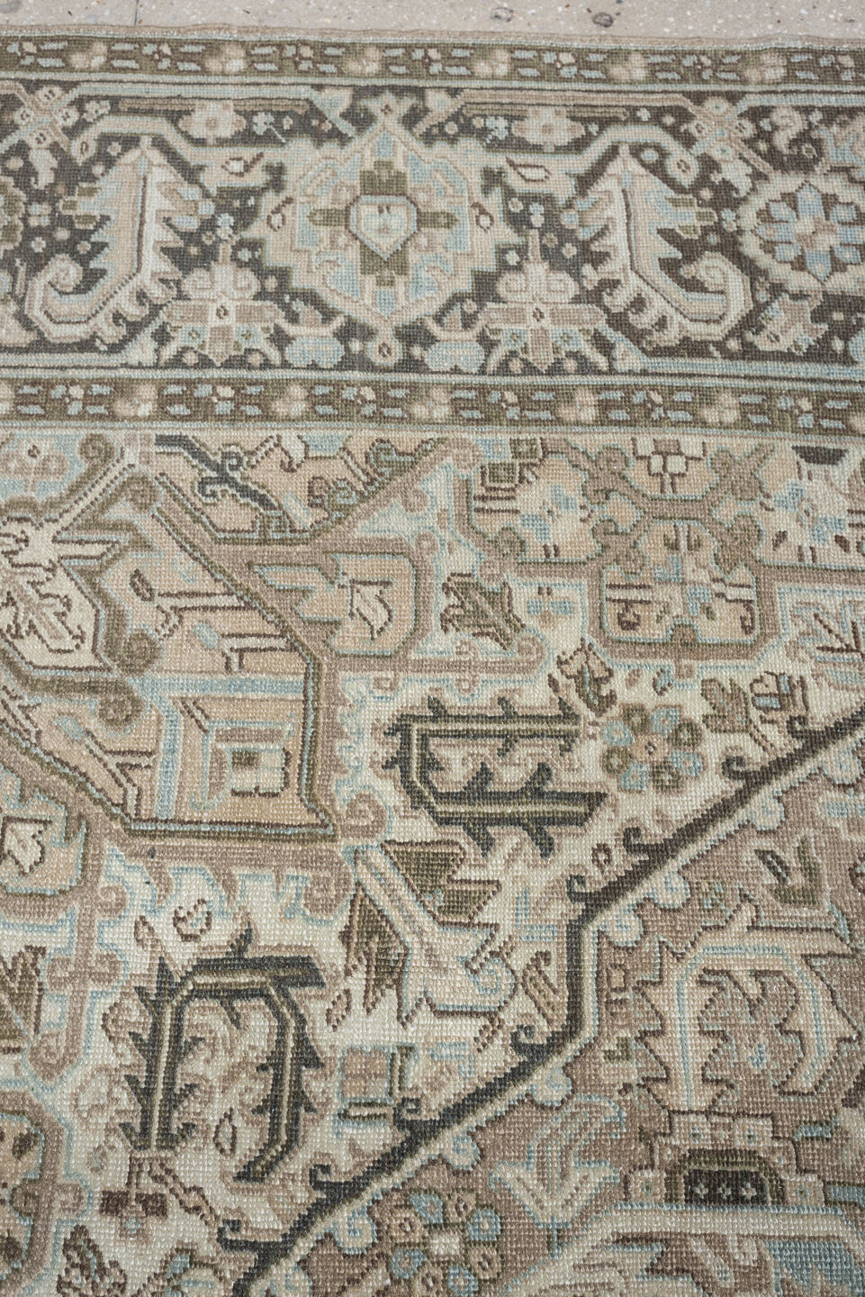 8' x 11' one-of-a-kind handmade antique Heriz large size rug. Color palette: taupe, ivory, charcoal, pale blue, camel, slate