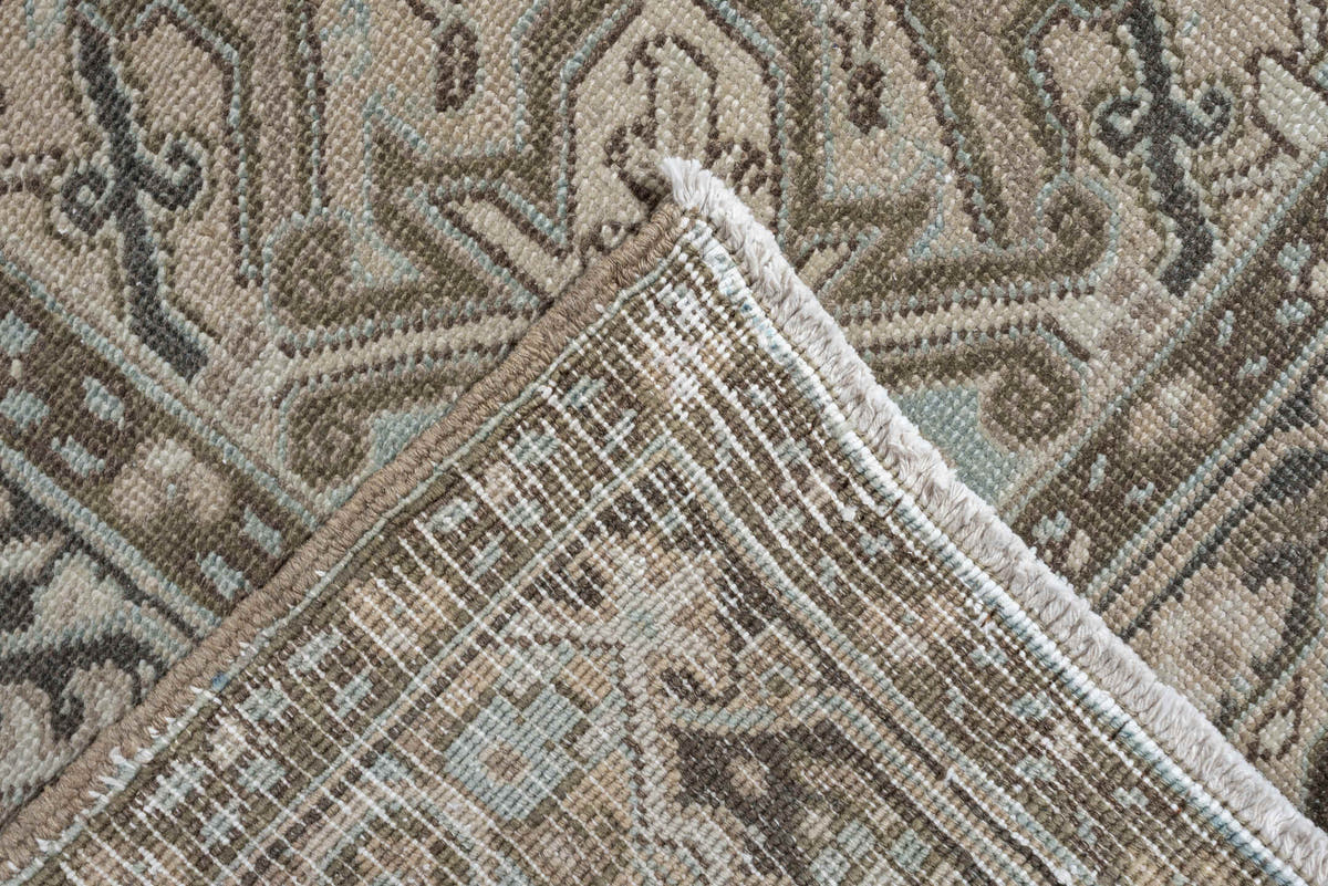 8' x 11' one-of-a-kind handmade antique Heriz large size rug. Color palette: taupe, ivory, charcoal, pale blue, camel, slate