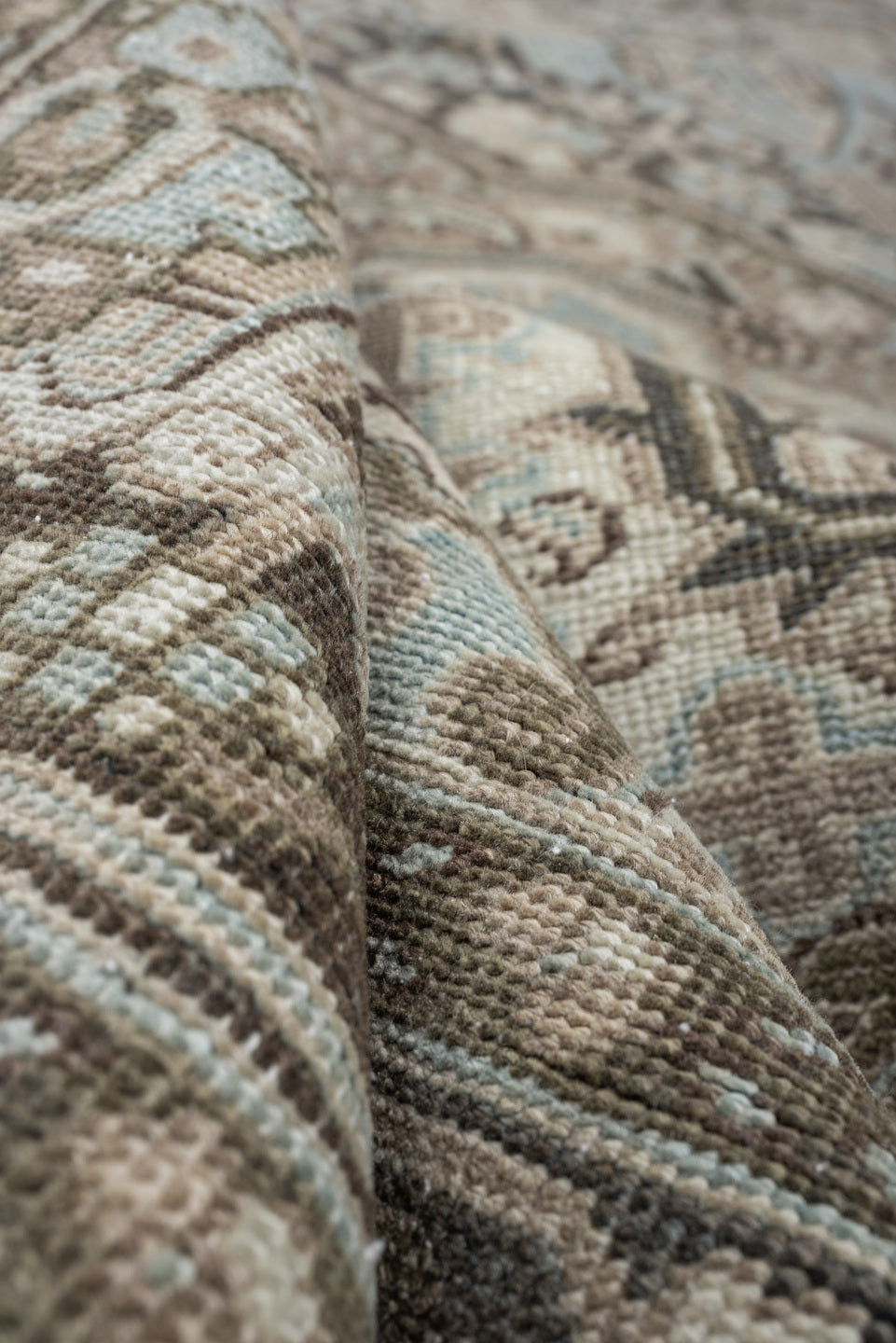 8' x 11' one-of-a-kind handmade antique Heriz large size rug. Color palette: taupe, ivory, charcoal, pale blue, camel, slate