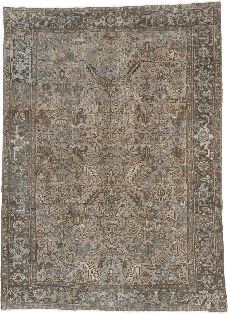 7' x 10' one-of-a-kind handmade antique Heriz large size rug. Color palette: taupe, brown, ivory, pale blue, charcoal, slate