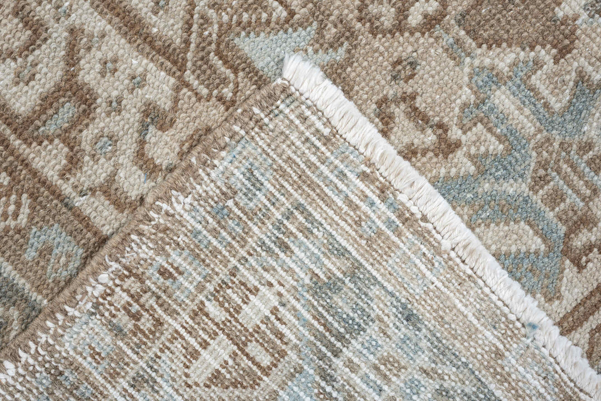 7' x 10' one-of-a-kind handmade antique Heriz large size rug. Color palette: taupe, brown, ivory, pale blue, charcoal, slate
