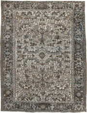 7' x 9' one-of-a-kind handmade antique Heriz large size rug. Color palette: ivory, charcoal, taupe, slate blue, olive, camel
