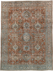 7' x 9' one-of-a-kind handmade antique Heriz large size rug. Color palette: rust, blue gray, ivory, terra cotta, charcoal