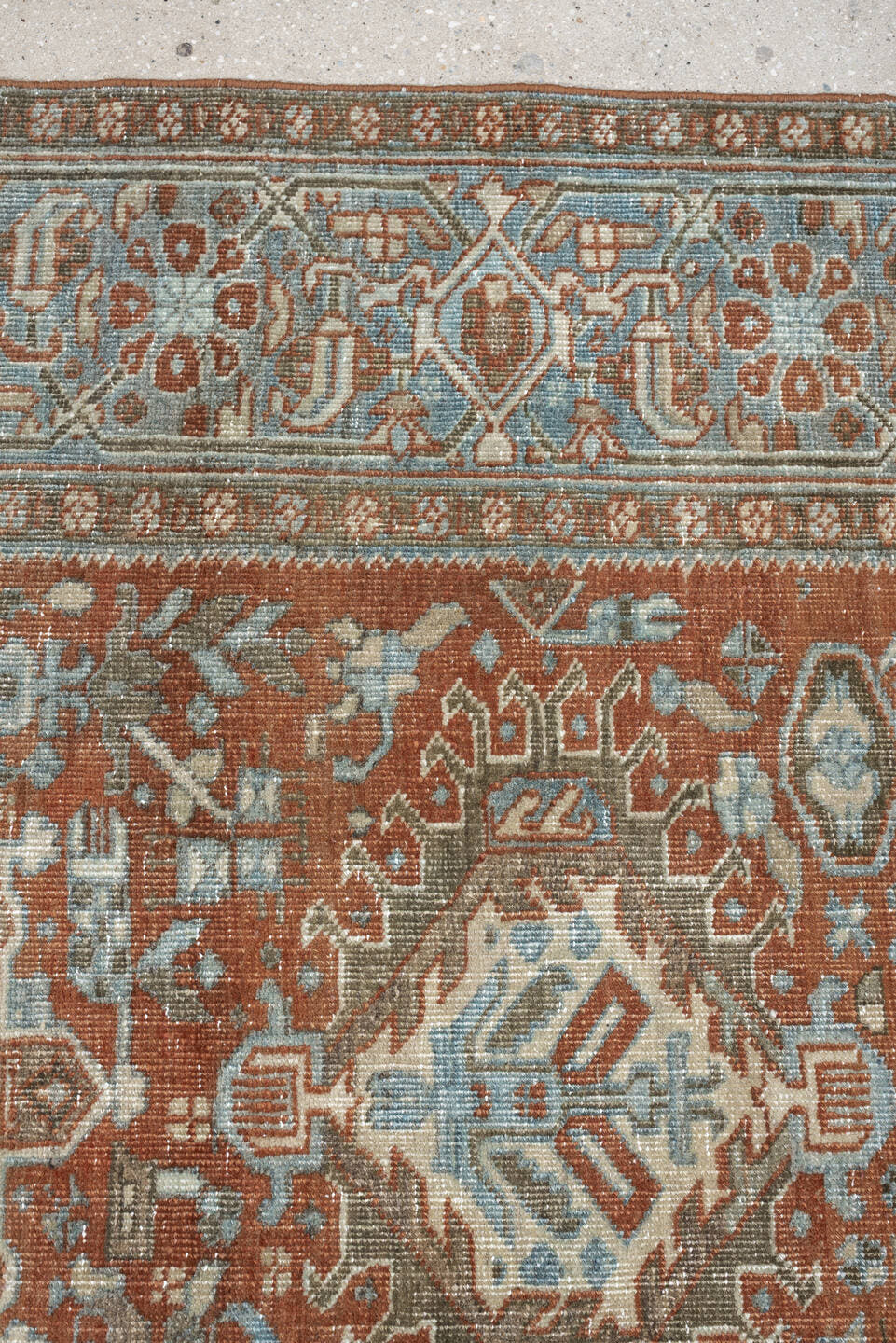 7' x 9' one-of-a-kind handmade antique Heriz large size rug. Color palette: rust, blue gray, ivory, terra cotta, charcoal