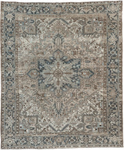 7' x 8' one-of-a-kind handmade antique Heriz rug. Color palette: ivory, blue gray, taupe, slate, brown, charcoal, sage