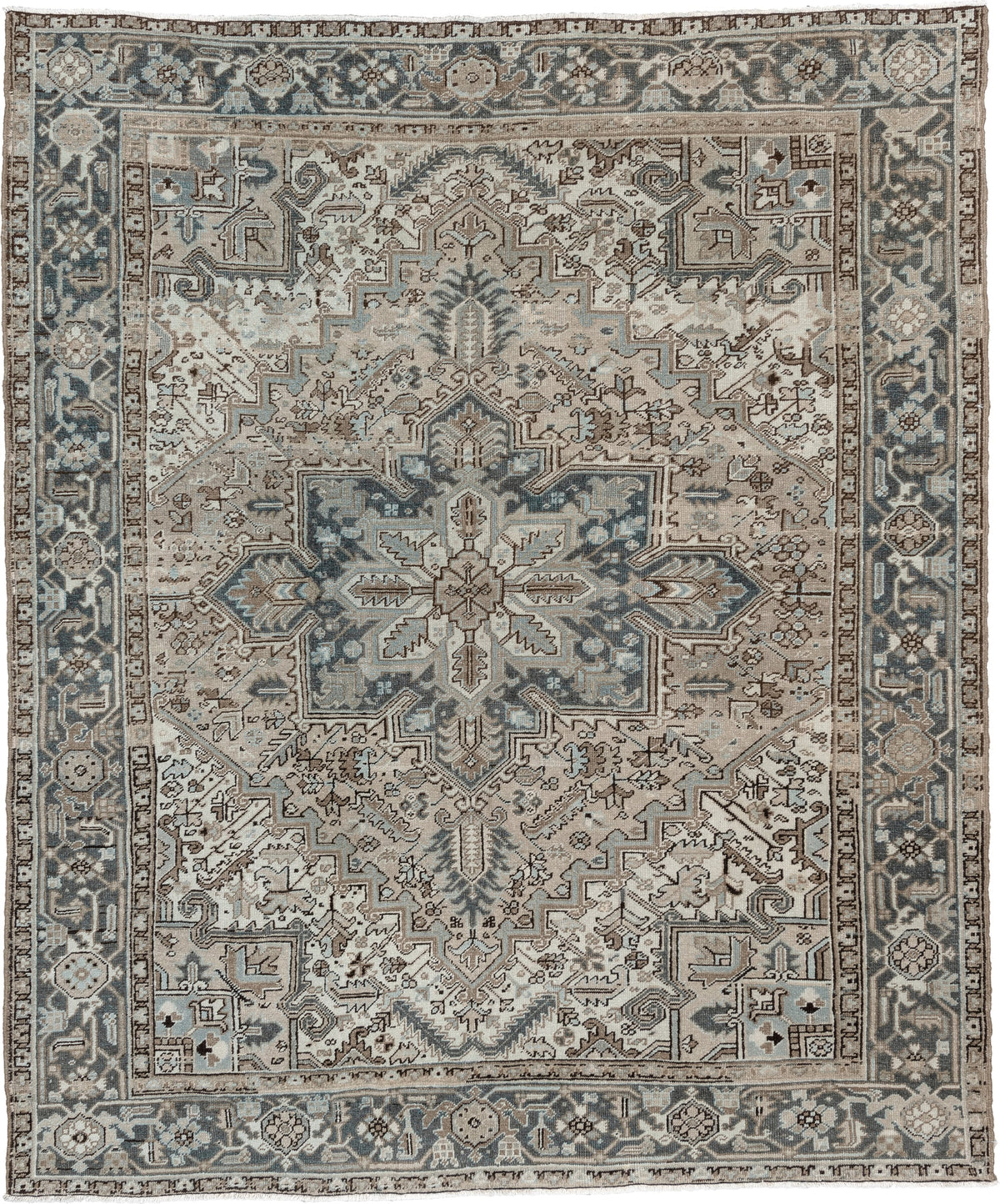 7' x 8' one-of-a-kind handmade antique Heriz rug. Color palette: ivory, blue gray, taupe, slate, brown, charcoal, sage