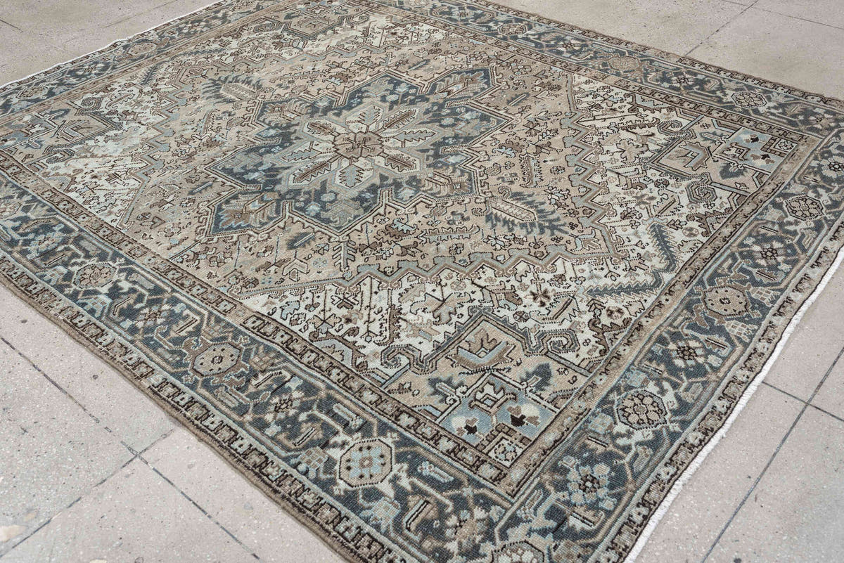 7' x 8' one-of-a-kind handmade antique Heriz rug. Color palette: ivory, blue gray, taupe, slate, brown, charcoal, sage