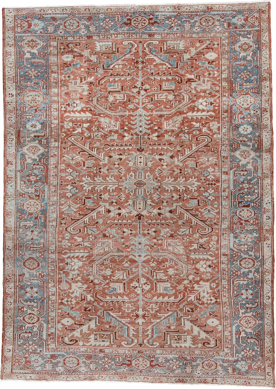7' x 10' one-of-a-kind handmade antique Heriz large size rug. Color palette: terra cotta, ivory, blue gray, rust, pale blue