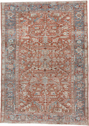 7' x 10' one-of-a-kind handmade antique Heriz large size rug. Color palette: terra cotta, ivory, blue gray, rust, pale blue