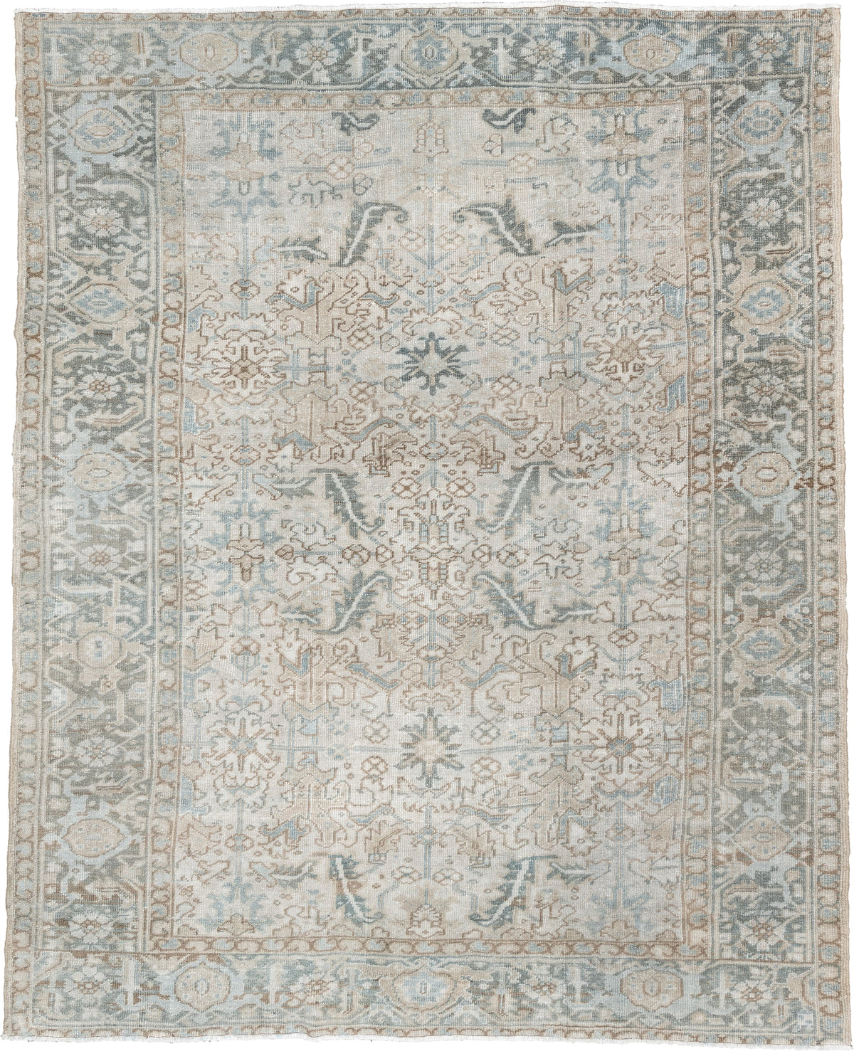 7' x 8' one-of-a-kind handmade antique Heriz rug. Color palette: ivory, pale blue, sage, taupe, blue gray, beige, charcoal