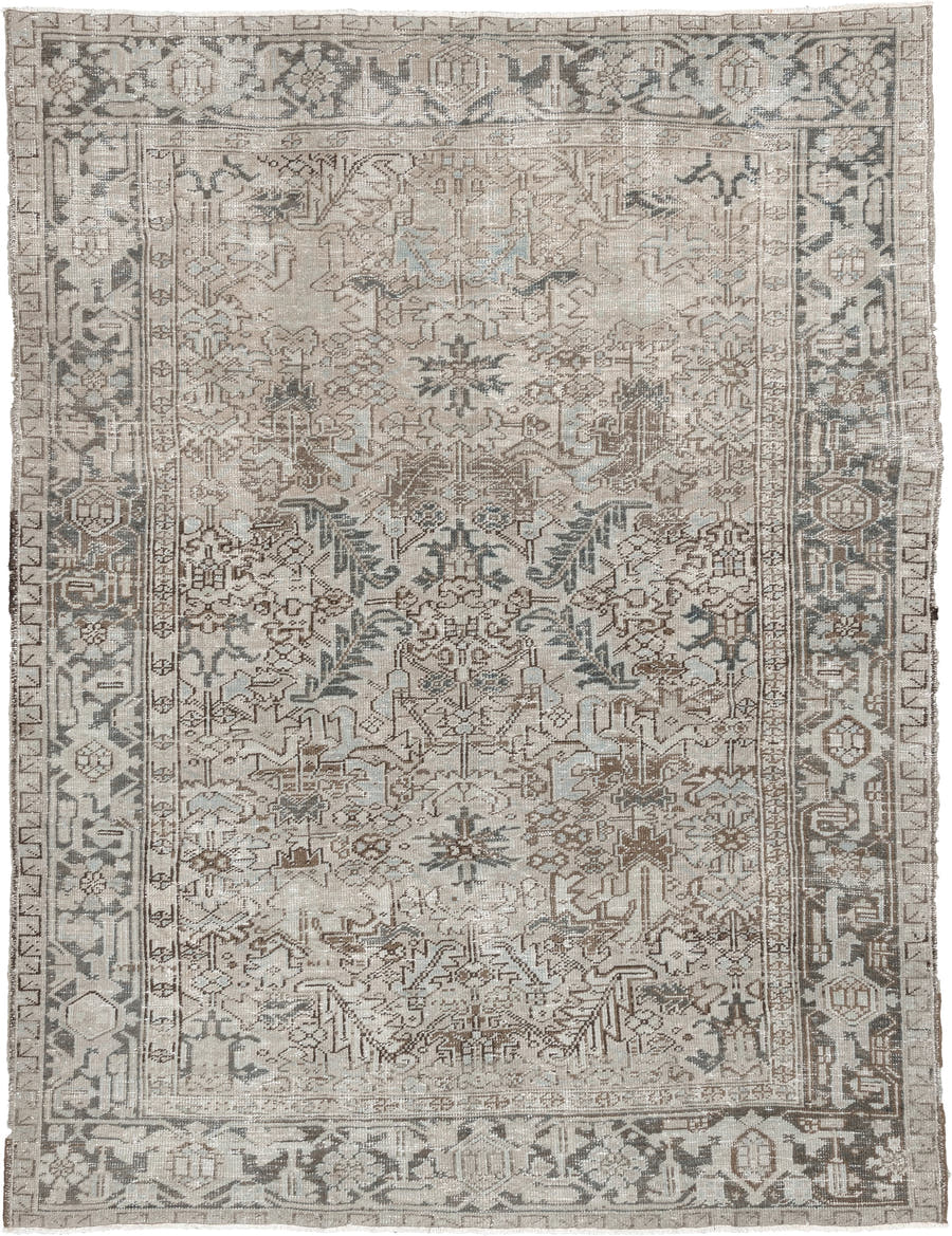 6' x 8' one-of-a-kind handmade antique Heriz rug. Color palette: ivory, taupe, charcoal, gray, beige, slate, brown, black
