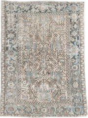 5' x 7' one-of-a-kind handmade antique Heriz medium size rug. Color palette: ivory, blue gray, aqua, charcoal, taupe, cream