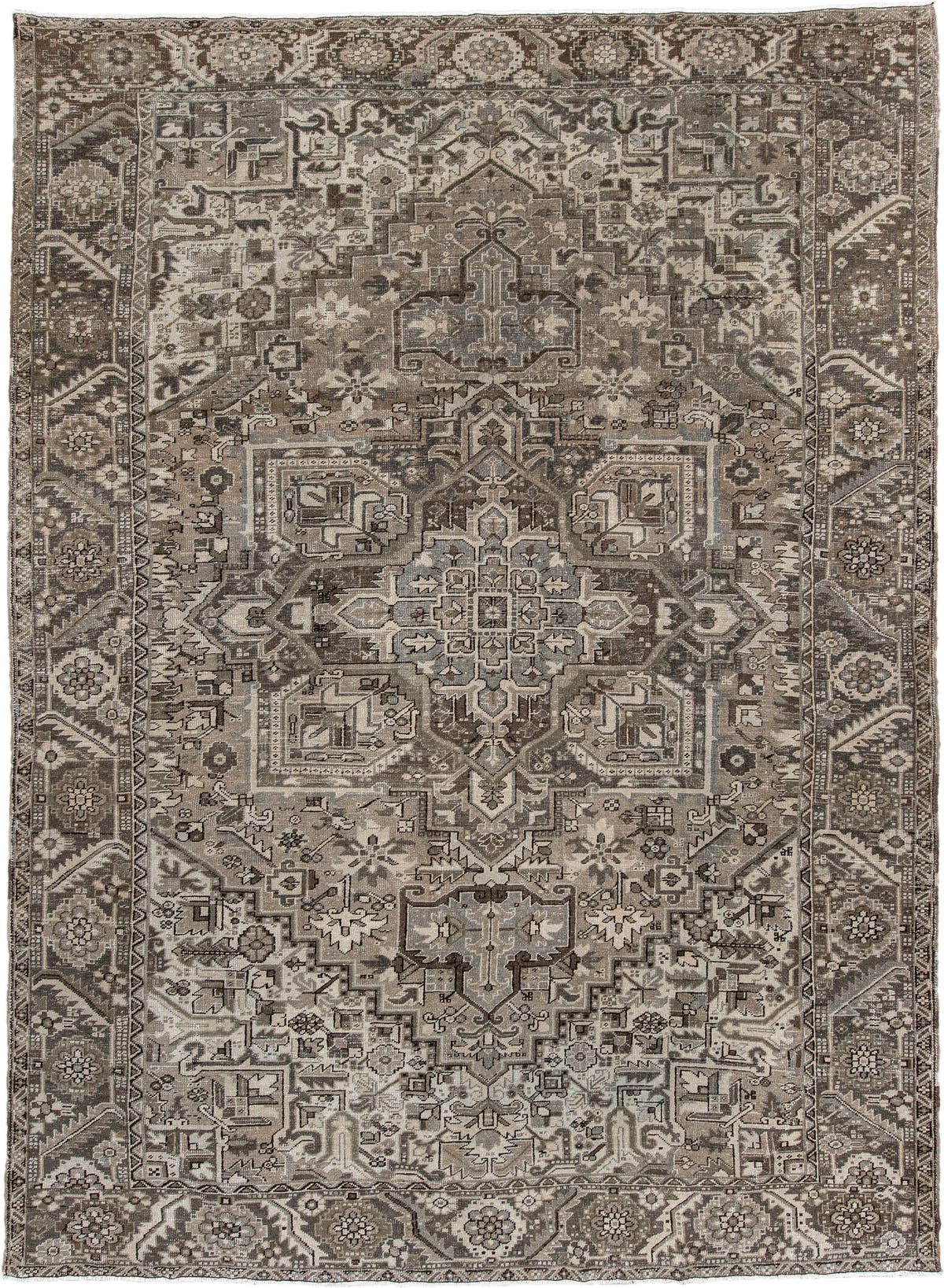 9' x 13' one-of-a-kind handmade antique Heriz large size rug. Color palette: taupe, ivory, charcoal, brown, slate, camel