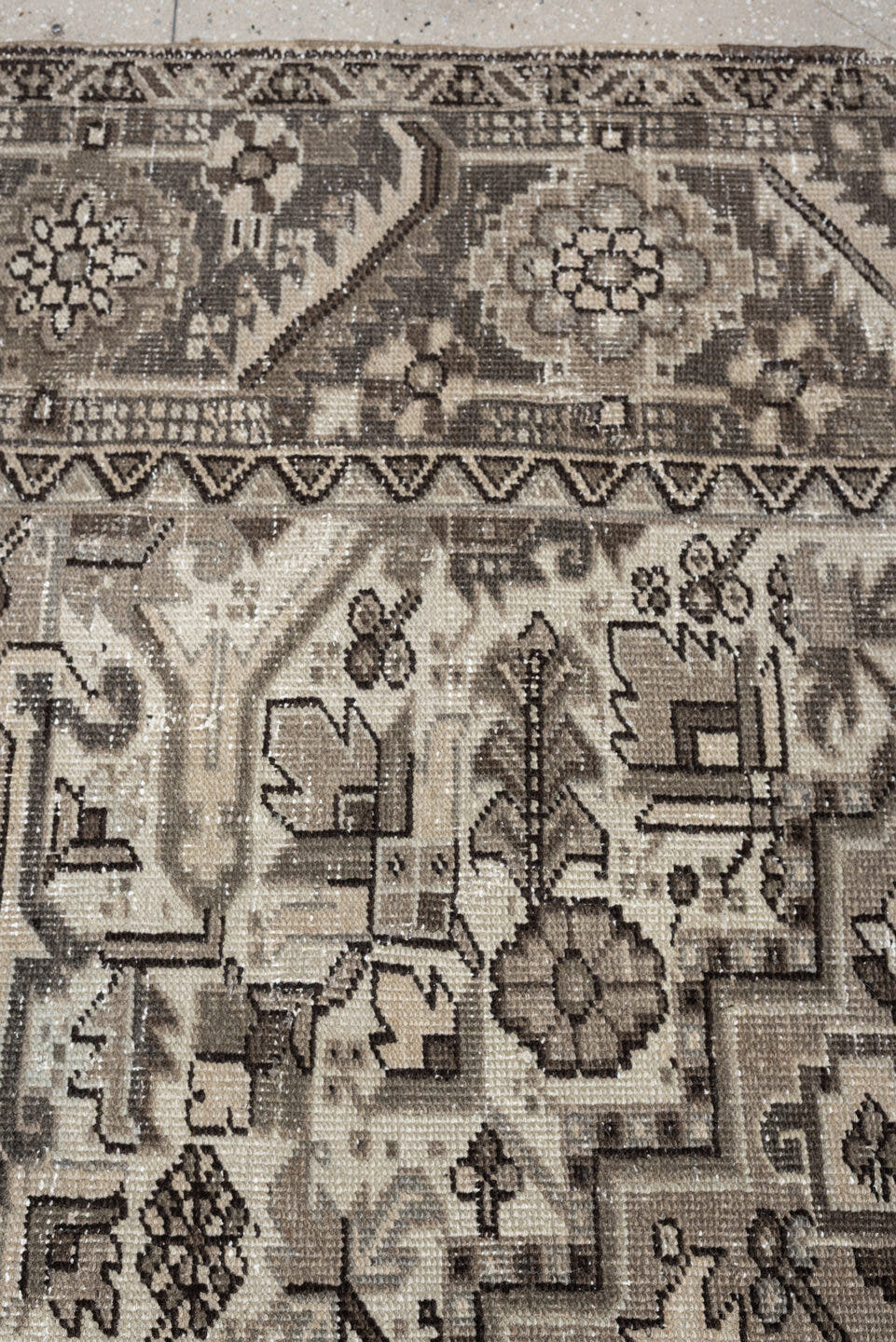 9' x 13' one-of-a-kind handmade antique Heriz large size rug. Color palette: taupe, ivory, charcoal, brown, slate, camel