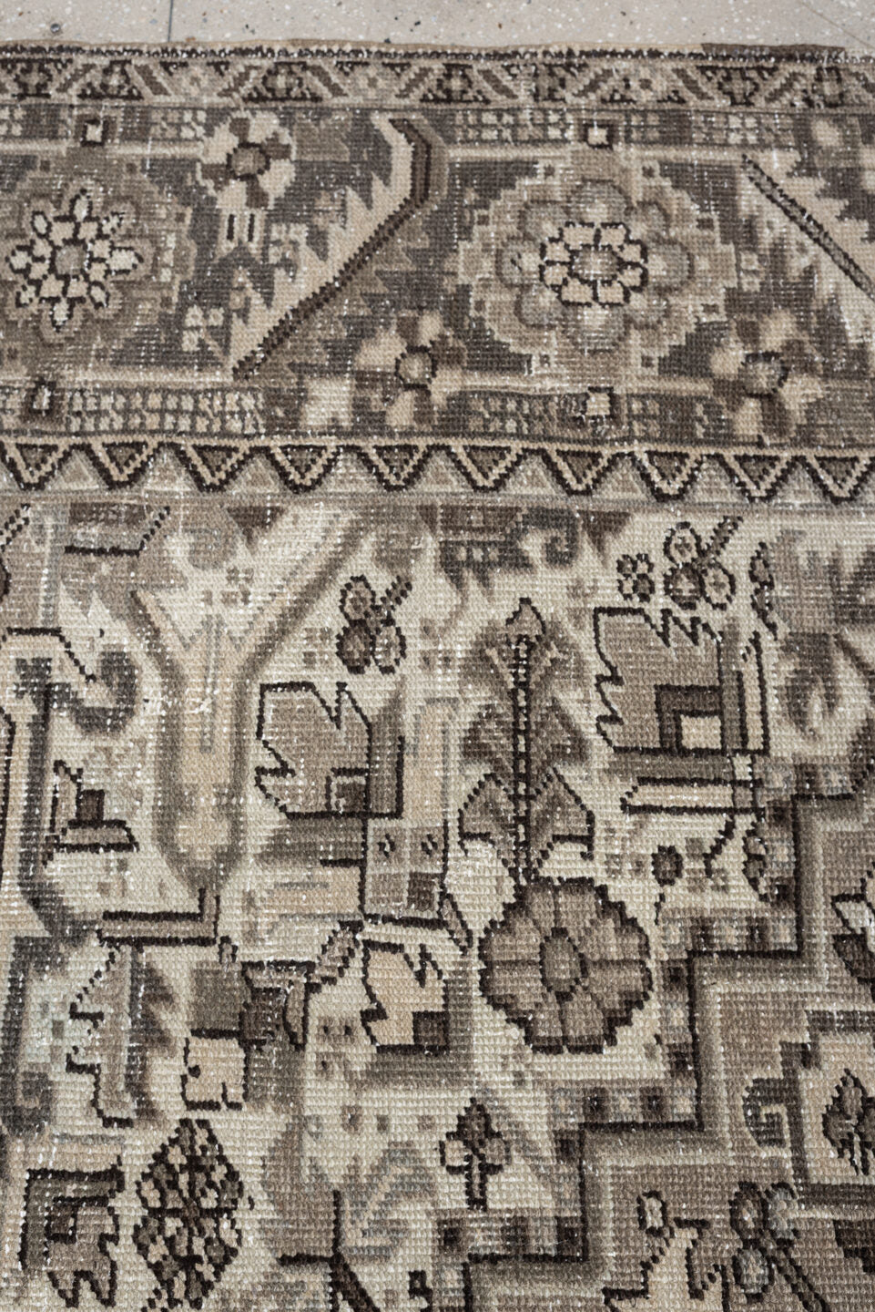9' x 13' one-of-a-kind handmade antique Heriz large size rug. Color palette: taupe, ivory, charcoal, brown, slate, camel