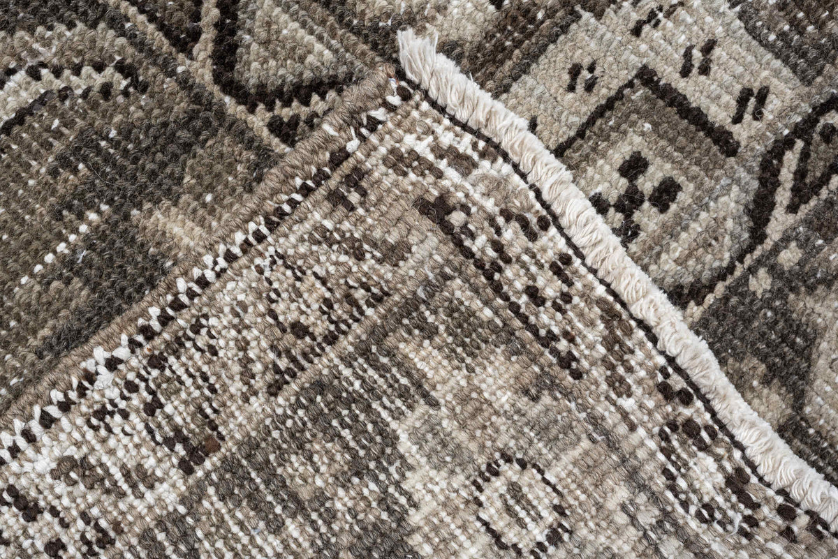 9' x 13' one-of-a-kind handmade antique Heriz large size rug. Color palette: taupe, ivory, charcoal, brown, slate, camel