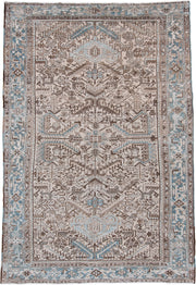 7' x 11' one-of-a-kind handmade antique Heriz large size rug. Color palette: ivory, blue gray, taupe, chocolate brown, slate