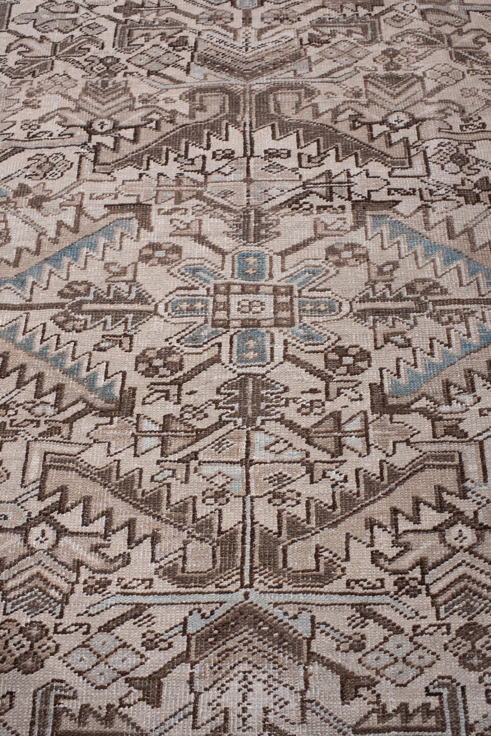 7' x 11' one-of-a-kind handmade antique Heriz large size rug. Color palette: ivory, blue gray, taupe, chocolate brown, slate