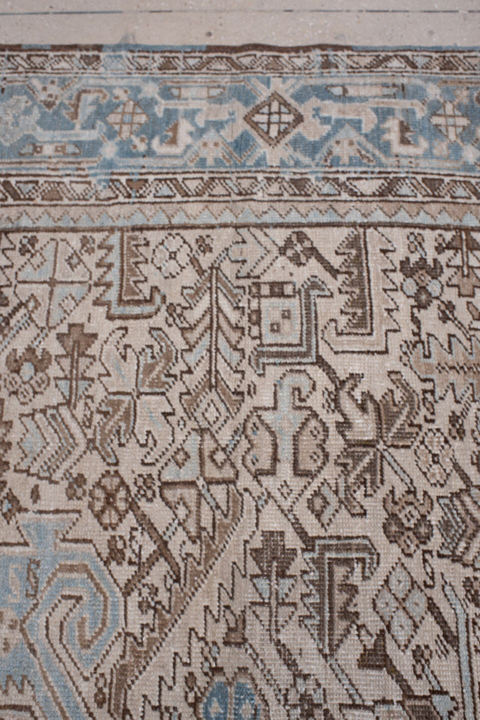 7' x 11' one-of-a-kind handmade antique Heriz large size rug. Color palette: ivory, blue gray, taupe, chocolate brown, slate