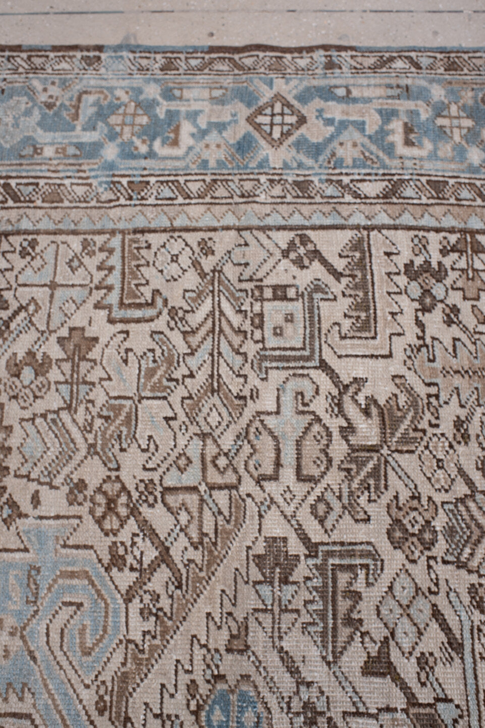 7' x 11' one-of-a-kind handmade antique Heriz large size rug. Color palette: ivory, blue gray, taupe, chocolate brown, slate