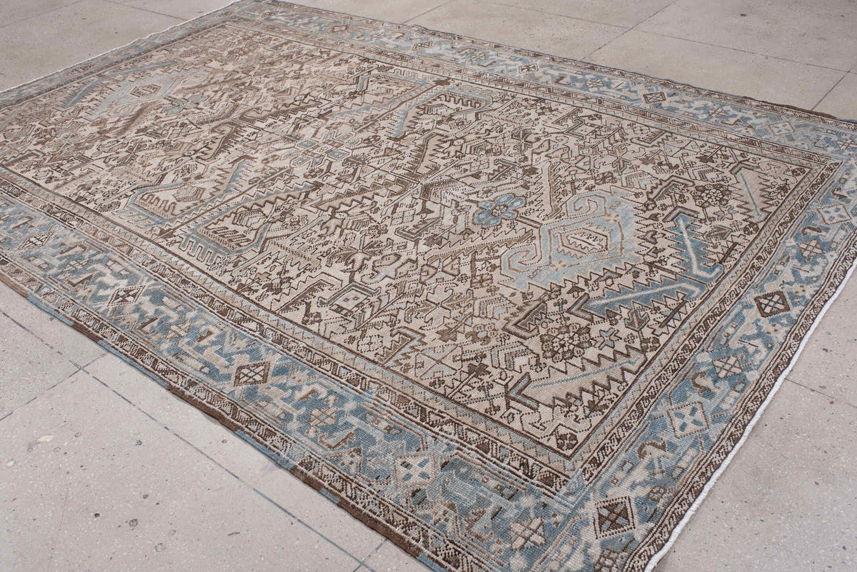 7' x 11' one-of-a-kind handmade antique Heriz large size rug. Color palette: ivory, blue gray, taupe, chocolate brown, slate