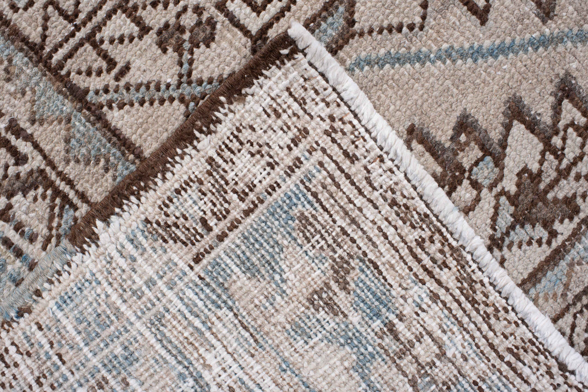 7' x 11' one-of-a-kind handmade antique Heriz large size rug. Color palette: ivory, blue gray, taupe, chocolate brown, slate