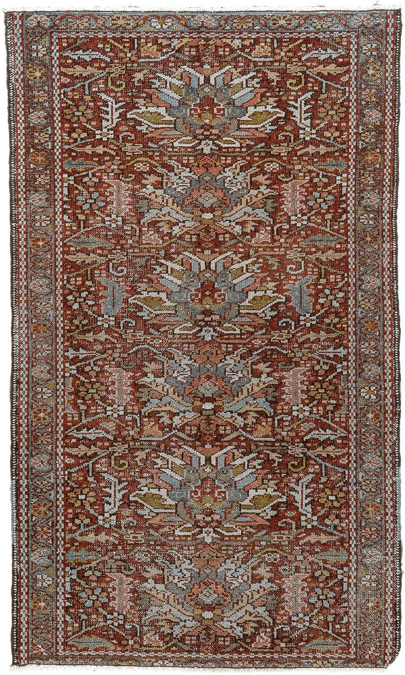 7' x 10' one-of-a-kind handmade antique Heriz large size rug. Color palette: rust, powder blue, ivory, olive, rose, charcoal