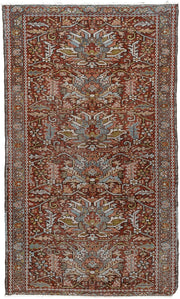 7' x 10' one-of-a-kind handmade antique Heriz large size rug. Color palette: rust, powder blue, ivory, olive, rose, charcoal