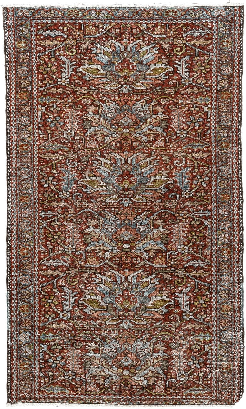 7' x 10' one-of-a-kind handmade antique Heriz large size rug. Color palette: rust, powder blue, ivory, olive, rose, charcoal