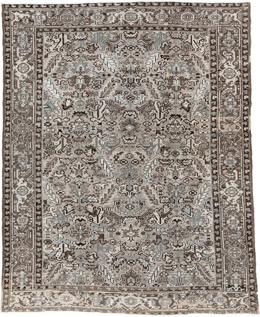 7' x 9' one-of-a-kind handmade antique Heriz large size rug. Color palette: ivory, taupe, charcoal, pale blue, gray, brown