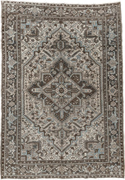 6' x 9' one-of-a-kind handmade antique Heriz medium size rug. Color palette: ivory, charcoal brown, pale blue, taupe, brown