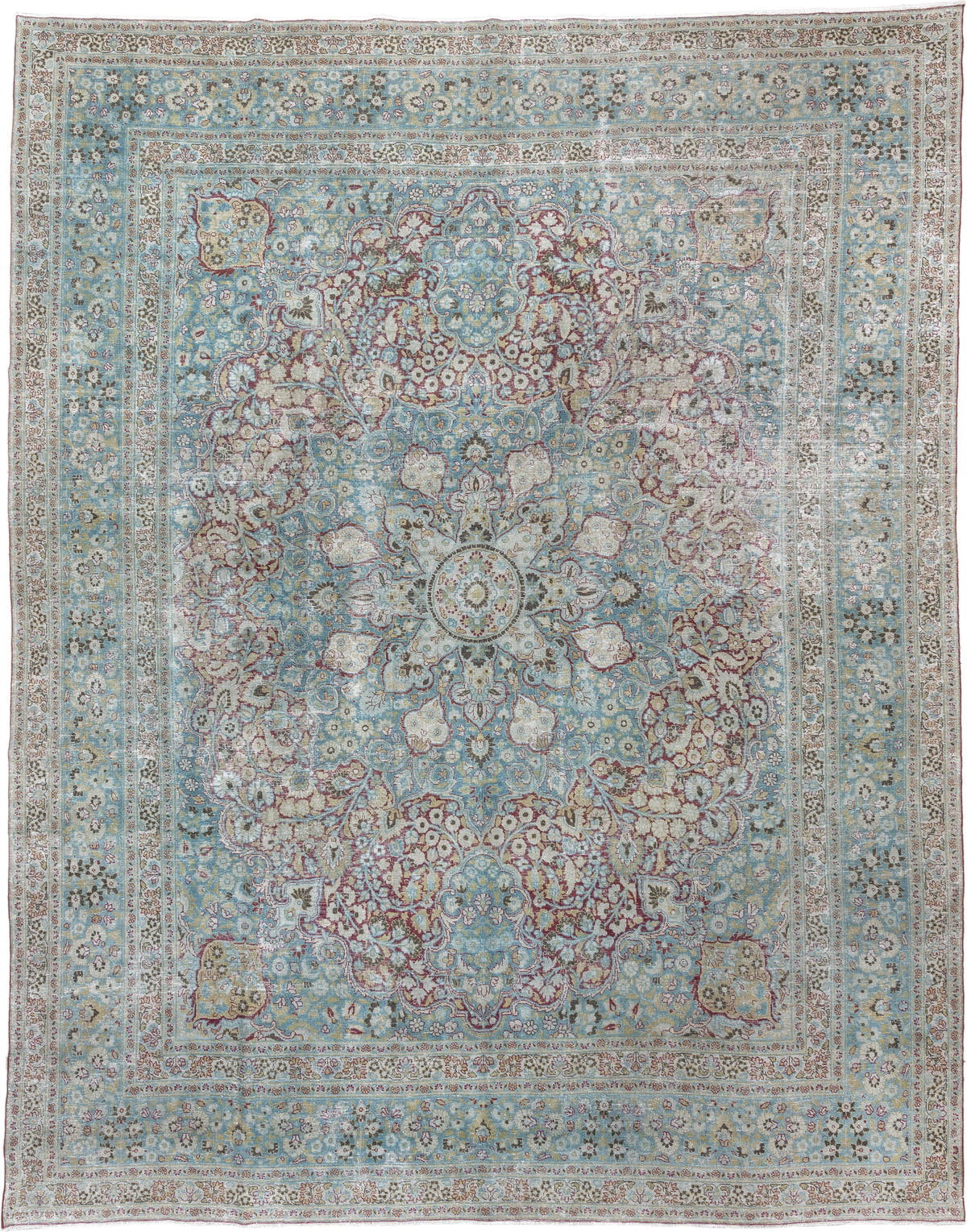 10' x 12' one-of-a-kind handmade antique Meshed large size rug. Color palette: powder blue, ivory, beige, burgundy, sage