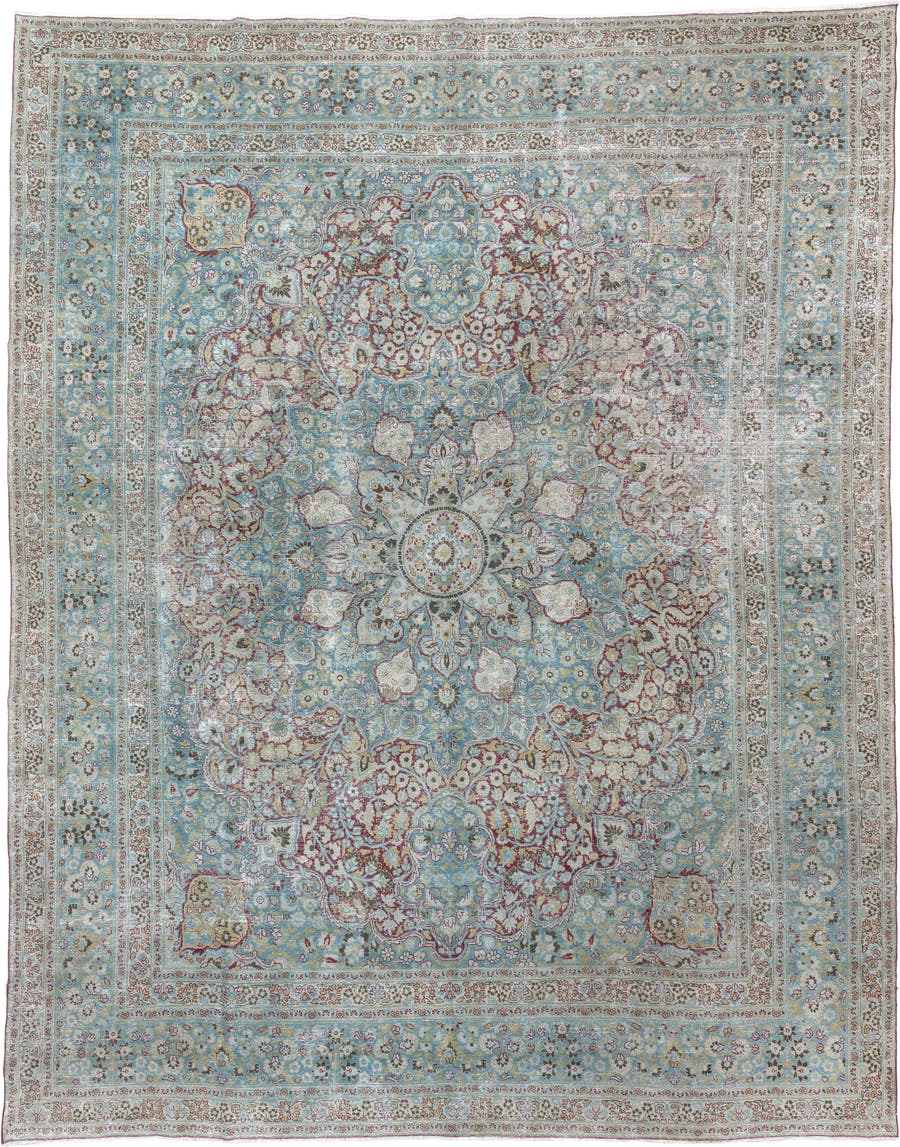 10' x 12' one-of-a-kind handmade antique Meshed large size rug. Color palette: powder blue, ivory, beige, burgundy, sage