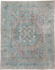 10' x 12' one-of-a-kind handmade antique Meshed large size rug. Color palette: powder blue, ivory, beige, burgundy, sage