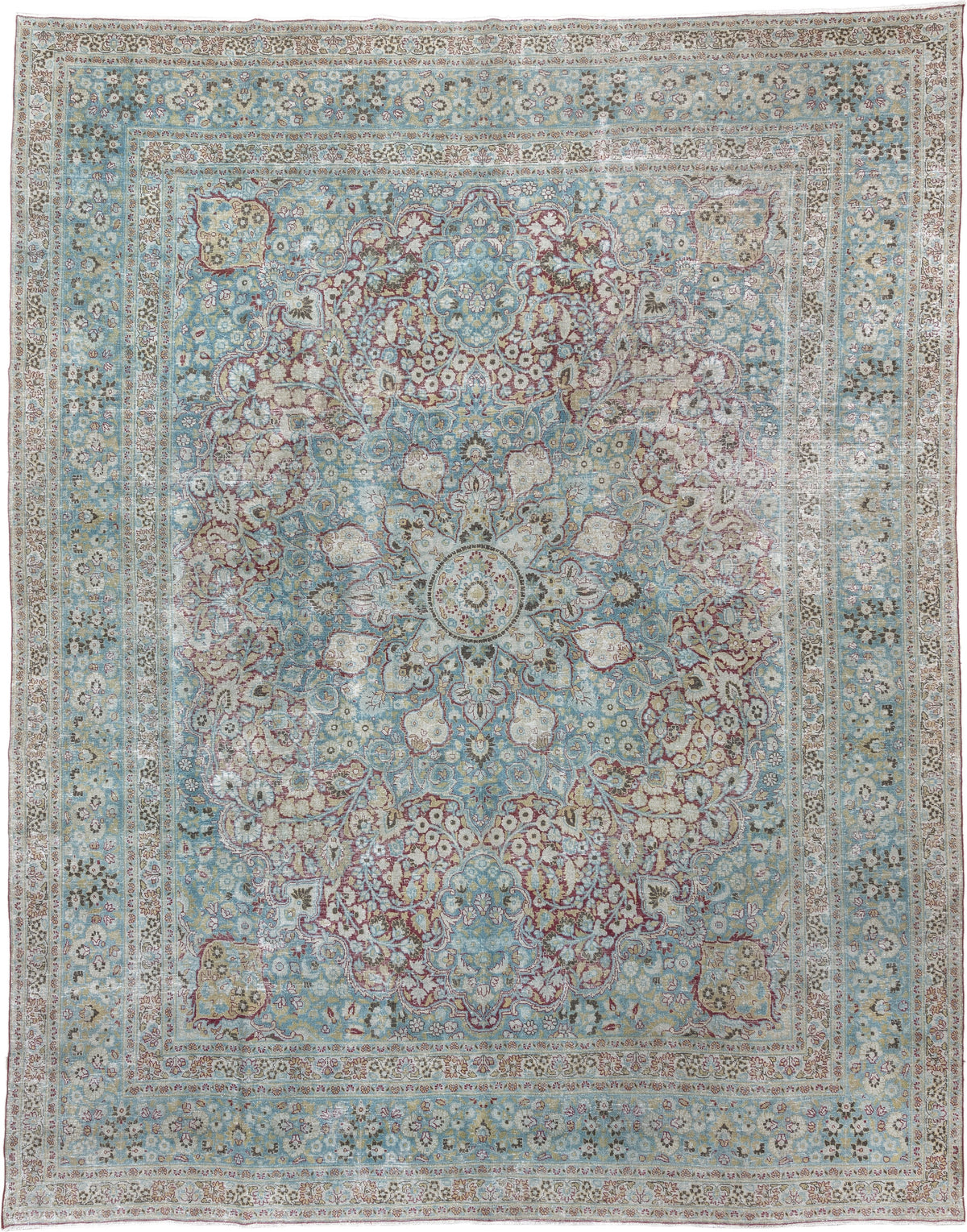 10' x 12' one-of-a-kind handmade antique Meshed large size rug. Color palette: powder blue, ivory, beige, burgundy, sage