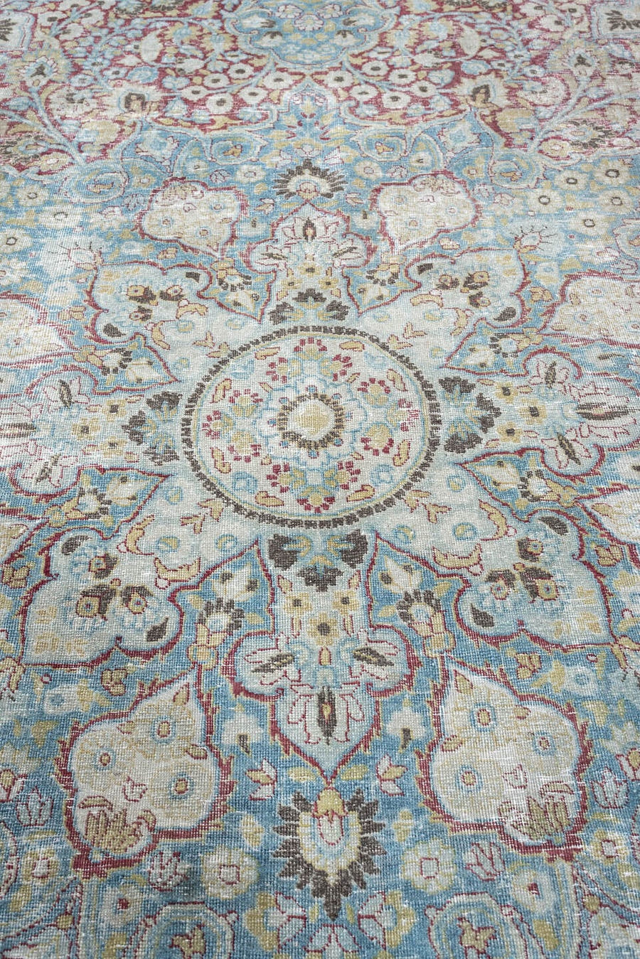 10' x 12' one-of-a-kind handmade antique Meshed large size rug. Color palette: powder blue, ivory, beige, burgundy, sage