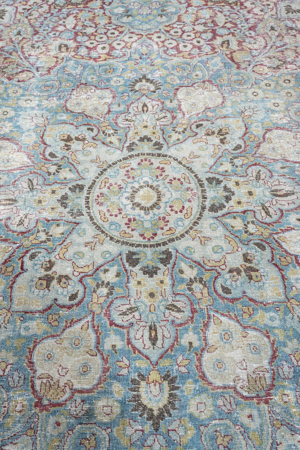 10' x 12' one-of-a-kind handmade antique Meshed large size rug. Color palette: powder blue, ivory, beige, burgundy, sage
