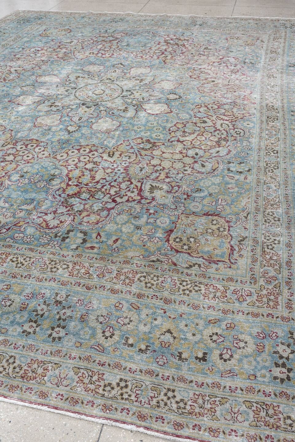 10' x 12' one-of-a-kind handmade antique Meshed large size rug. Color palette: powder blue, ivory, beige, burgundy, sage