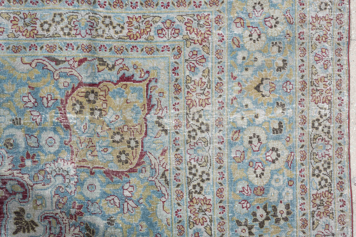 10' x 12' one-of-a-kind handmade antique Meshed large size rug. Color palette: powder blue, ivory, beige, burgundy, sage