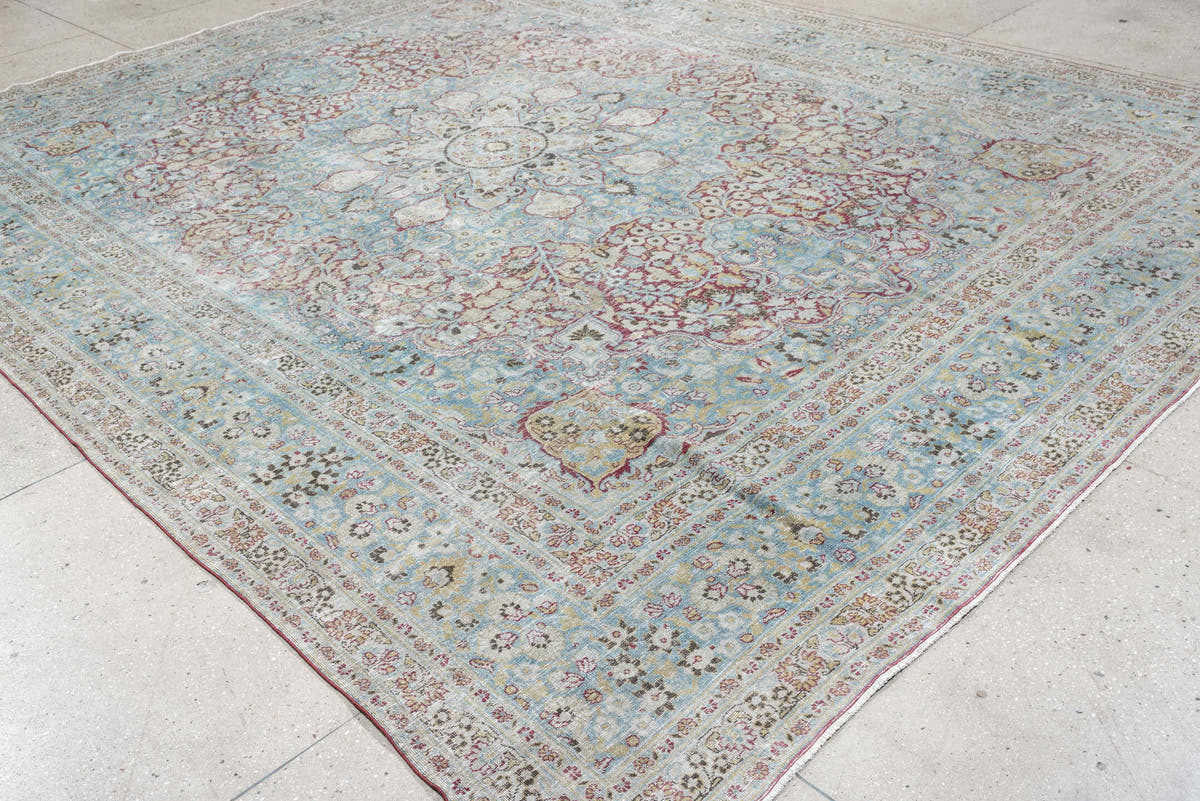 10' x 12' one-of-a-kind handmade antique Meshed large size rug. Color palette: powder blue, ivory, beige, burgundy, sage