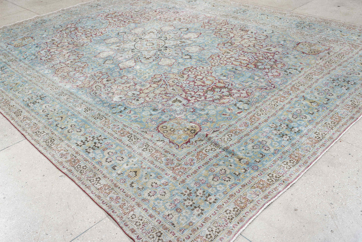 10' x 12' one-of-a-kind handmade antique Meshed large size rug. Color palette: powder blue, ivory, beige, burgundy, sage