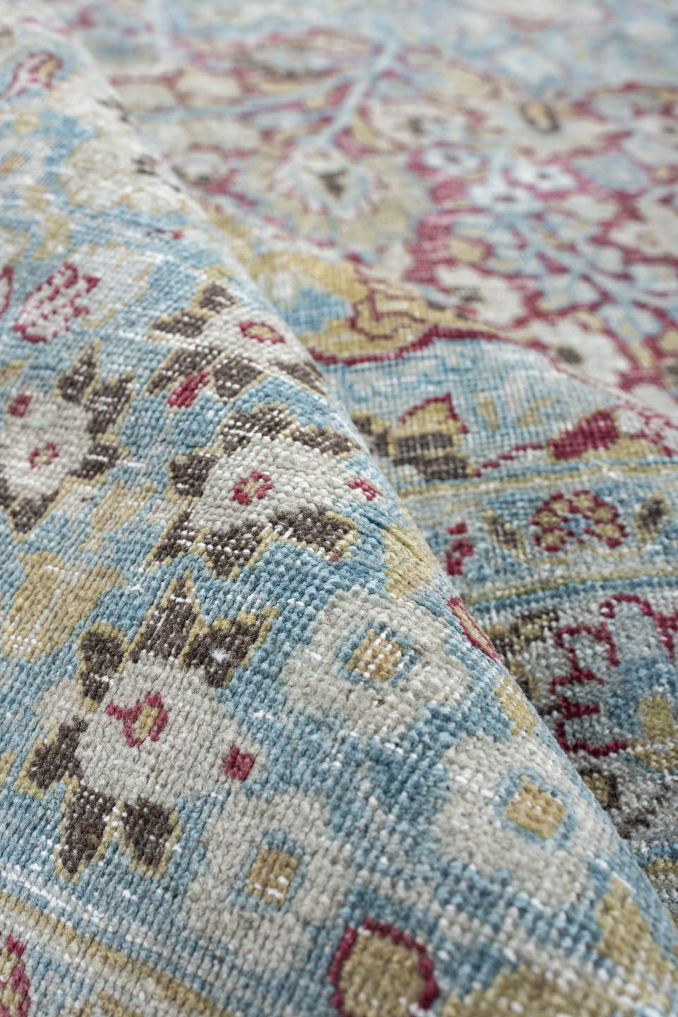10' x 12' one-of-a-kind handmade antique Meshed large size rug. Color palette: powder blue, ivory, beige, burgundy, sage