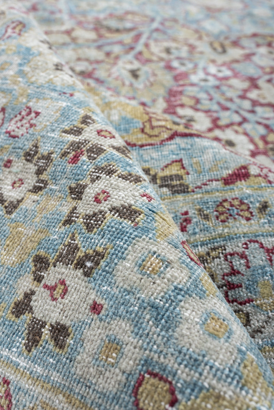 10' x 12' one-of-a-kind handmade antique Meshed large size rug. Color palette: powder blue, ivory, beige, burgundy, sage