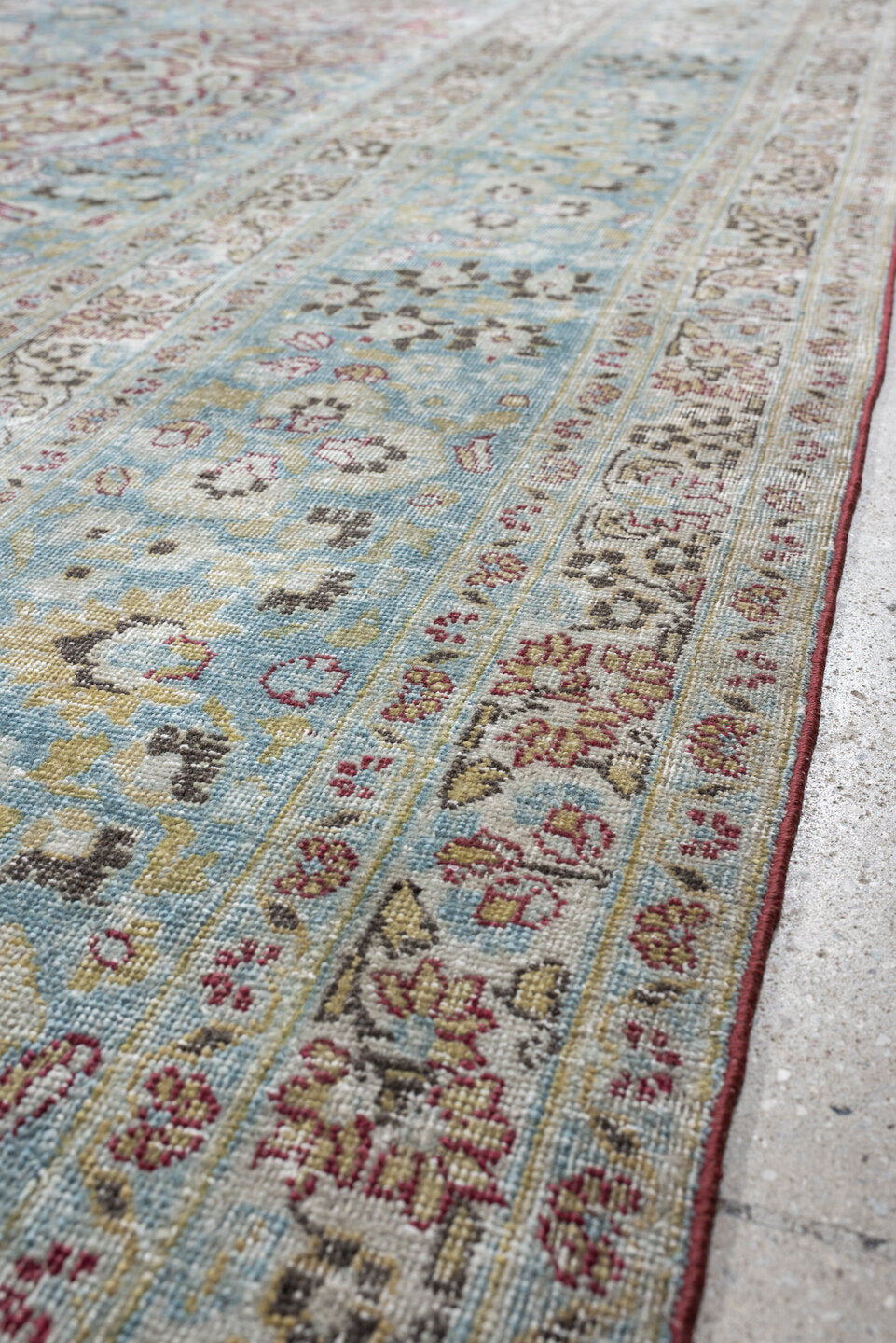 10' x 12' one-of-a-kind handmade antique Meshed large size rug. Color palette: powder blue, ivory, beige, burgundy, sage